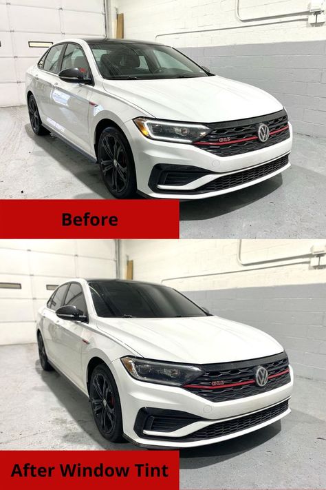 A before and after photo showing the difference window tint can make on cars. Rv Office, Car Tint, Residential Window Tint, Residential Windows, Window Tinting, Window Privacy, Window Tint, Volkswagen Jetta, Tinted Windows