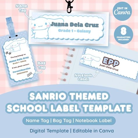 Cute Back to School Bundle Set for Kids Preschool Pre-K Grade school | Name Tag • Bag Tag • Notebook Label - Jam Design Shop's Ko-fi Shop - Ko-fi ❤️ Where creators get support from fans through donations, memberships, shop sales and more! The original 'Buy Me a Coffee' Page. Cinnamoroll Name Tag Template, Sanrio Nametag Template, Sanrio Name Tag Template, Cinnamon Roll Sanrio Subject Label, My Melody Name Label, Notebook Labels, Name Tag For School, School Labels, Handmade Notebook