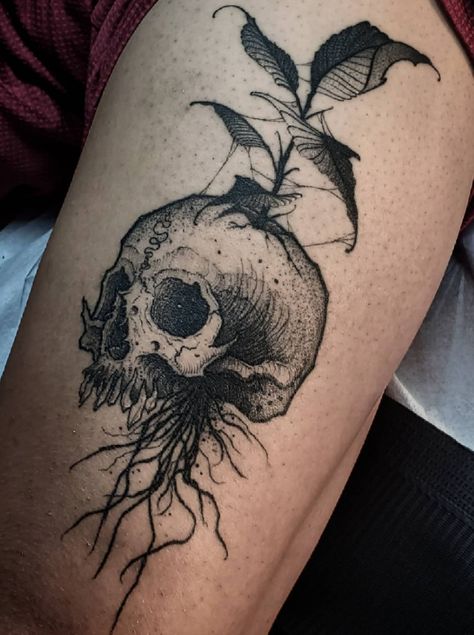 Skull And Leaves Tattoo, Dark Nature Tattoo Ideas, Dark Fine Line Tattoo, Nature Skull Tattoo, Creepy Nature Tattoo, Gothic Nature Tattoo, Fine Line Black And Grey Tattoo, Black And White Tattoo Ideas, Goth Tattoos For Women