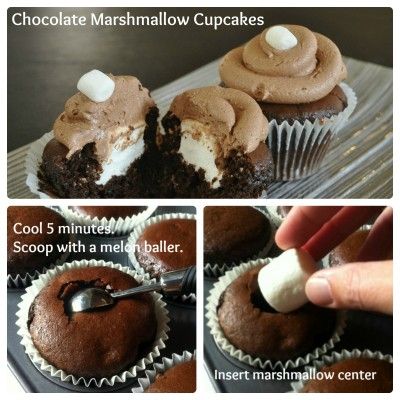 Step by step instructions for how to make marshmallow stuffed cupcakes Cupcake Hacks, Stuffed Cupcakes, Marshmallow Cupcakes, Best Chocolate Cupcakes, Chocolate Marshmallow, Cupcake Recipes Chocolate, Cupcake Flavors, Chocolate Marshmallows, Chocolate Buttercream