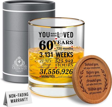 BEST CHOICE If you are looking for a 60th birthday for Dad, Grandfather, Uncle, Friends, Sister, Brother, Cousin? "60 Years Have Been Loved", this whiskey glass will be your best choice. Wonderful whiskey gift for 60th birthday, 60th birthday decorations, 60th birthday decorations. Anniversary and more 60 years of celebration. GIFT BOX The 60th birthday whiskey glass for men is in a luxury box, which is much better than other color box, it is presentable and appreciated. The person who received your gift will be surprised and happy. No need to worry about scratches. Feel completely safe with your purchase. PRINT QUALITY:Crystal whiskey glass with wording "60 Years You Have Been Loved" will never fade or lose. Unlike others, the text is printed on the glass which can be easily washed out. O Husband 60th Birthday, 60th Birthday Gifts For Men, 70th Birthday Presents, 50th Birthday Gifts For Men, 70th Birthday Decorations, 60th Birthday Decorations, Personalized Whiskey Glass, Birthday Presents For Dad, Diy Easter Gifts