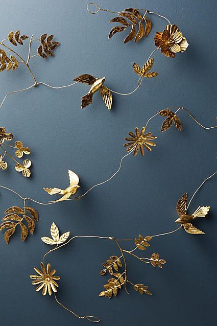 Anthropologie Bloom & Bird Garland | Christmas Decor | Holiday Inspiration Wall Ornaments Decor, Bird Garland, Gold Birds, Gold Garland, Anthropologie Holiday, Holiday Mantel, Metal Embossing, Flower Garland, Foil Art