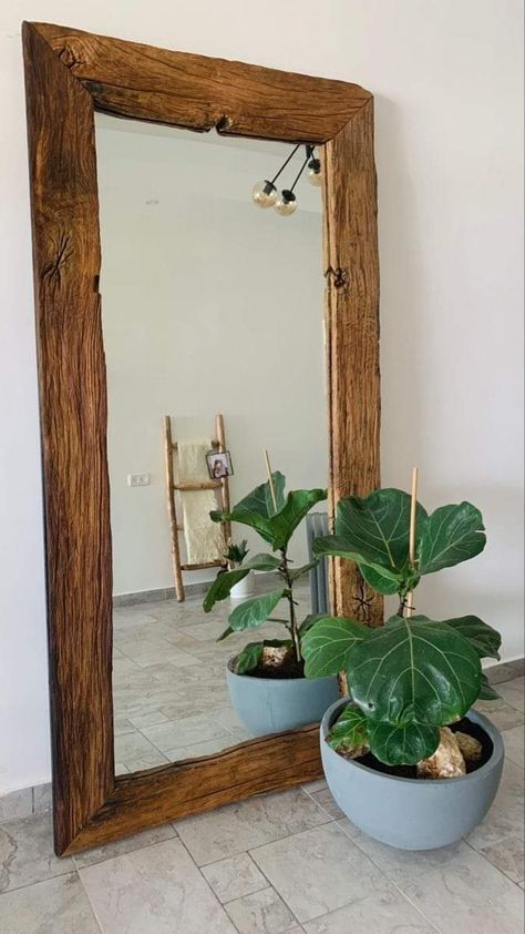 Chunky Wood Mirror, Large Wood Mirror Bedrooms, Wood Framed Full Length Mirror, Western Floor Length Mirror, Raw Wood Mirror, Big Wood Mirror, Simple Rustic Living Room, 90s Inspired Room, Mirror Plants