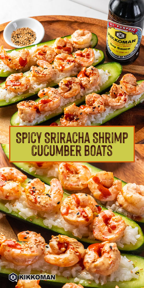 Shrimp Boats Recipe, Shrimp And Cucumber Recipes, Shrimp And Cucumber, Shrimp Boats, Soy Sauce Shrimp, Cucumber Boats Recipes, Spicy Cucumber, Cucumber Boats, Shrimp Cucumber Appetizer