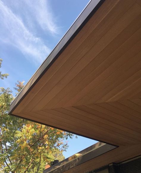 Wood Soffit, Roof Eaves, Wood Siding Exterior, Roof Cladding, Ceiling Cladding, Modern Residential Architecture, River Cabin, Wood Siding, White Brick