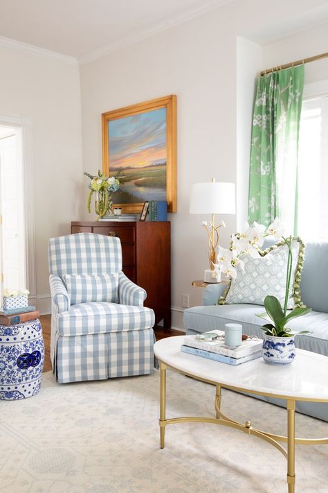 Coastal Grandmillennial Style Living Room Southern Coastal Living Room, Coastal Grand Millennial Style, Grandmillennial Living Room, Grand Millennial Living Room, Grandmillenial Living Room, Ballard Designs Living Room, Southern Living Room, Nantucket Living Room, Grandmillenial Style Interiors