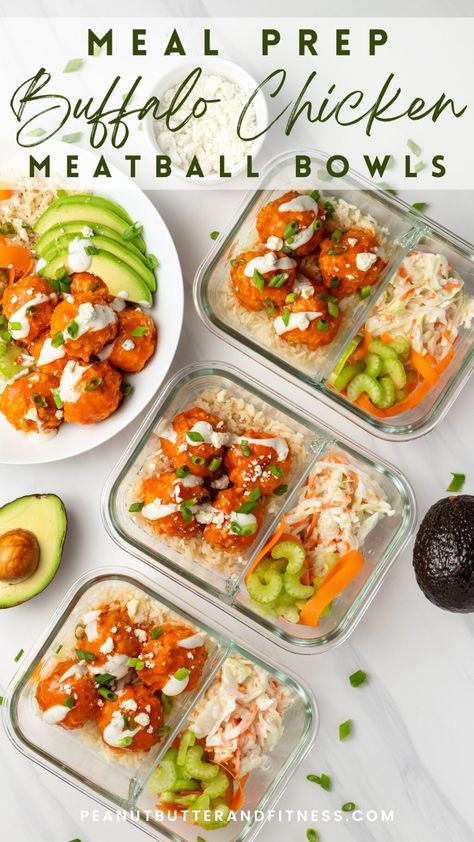 Buffalo Chicken Meatball Bowls Meal Prep Buffalo Chicken, Chicken Meatball Bowls, Chicken Bowl Meal Prep, Ranch Slaw, Meatball Bowls, Buffalo Meatballs, Chicken Meatballs Healthy, Spicy Buffalo Chicken, Meal Prep Lunch