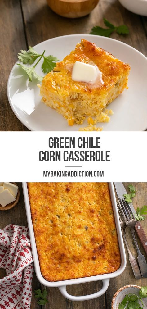 Southwestern Corn Casserole, Cheesy Green Chile Corn Casserole, Corn Casserole With Jiffy, Corn And Green Chili Casserole, Green Chile Cornbread Casserole, Green Chili Cornbread Casserole, Corn Casserole Mexican, Mexican Sweet Corn Casserole, Corn Casserole Jiffy With Green Chilies