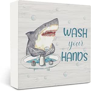 Amazon.com: OVAcational Wash Your Hands Shark Wooden Box Sign,Kids Bathroom Wood Box Sign,Funny Shark Bath Room Decor,Hark Lover Bathroom Decor 5x5 Inches : Home & Kitchen Jaws Themed Bathroom, Shark Bathroom Decor, Bath Room Decor, Shark Bathroom, Door Picture Frame, Coffee Table Pictures, Bathroom Wood, Funny Shark, Fantasy Bedroom