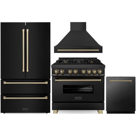 ZLINE 36 4 Piece Black Range, Range Hood, Dishwasher & Refrigerator - America Best Appliances Dishwasher Dimensions, Zline Autograph Edition, Refrigerator Dimensions, Refrigerator Wall, Fridge Shelves, Counter Depth Refrigerator, Kitchen Appliance Packages, Dual Fuel Ranges, Wall Mount Range Hood