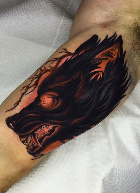 Demonic Wolf Tattoo, Creepy Wolf Tattoo, Demon Wolf Tattoo, Wolf Arm Tattoo, Wolf Skull Tattoo, Werewolf Tattoo, Fenrir Tattoo, Wolf Tattoo Ideas, Upper Arm Tattoo