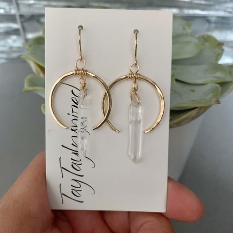 Quartz Hoop Earrings, Crystal Quartz Earrings, Half Hoop Earrings, Crescent Moon Earrings, Crystal Hoop Earrings, Crystal Dangle Earrings, Diy Crystals, Gold Filled Earrings, Sterling Silver Hoop Earrings