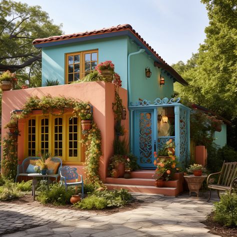 Creative House Exterior, New Mexico House Exterior, Minecraft Mexican Style House, Maximalist Exterior House, Mexican Small Houses, South American House, Spanish Colonial Style Homes Exterior, Eclectic House Exterior, Mexico House Exterior