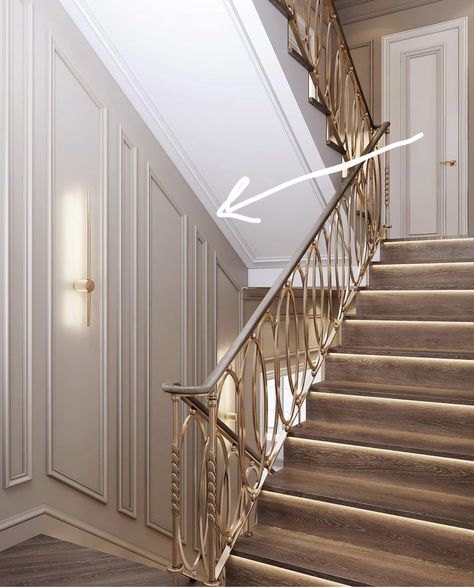 Paneling Stairs, Stair Wall Design, Modern House Lighting, Staircase Molding, Neoclassical House, Luxury Staircase, Modern Classic Interior, Staircase Design Modern, House Wall Design