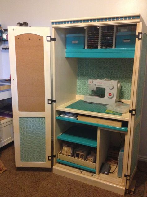 Sewing Cabinet repurposed from a computer armoire. Paint https://www.homedepot.com Fabric lining  https://amp.joann.com/ Hardware https://www.amazon.com Armoire Repurpose, Craft Armoire, Craft Storage Cabinets, Computer Armoire, Armoire Makeover, Quilting Digest, Craft Cupboard, Sewing Machine Cabinet, Craft Cabinet