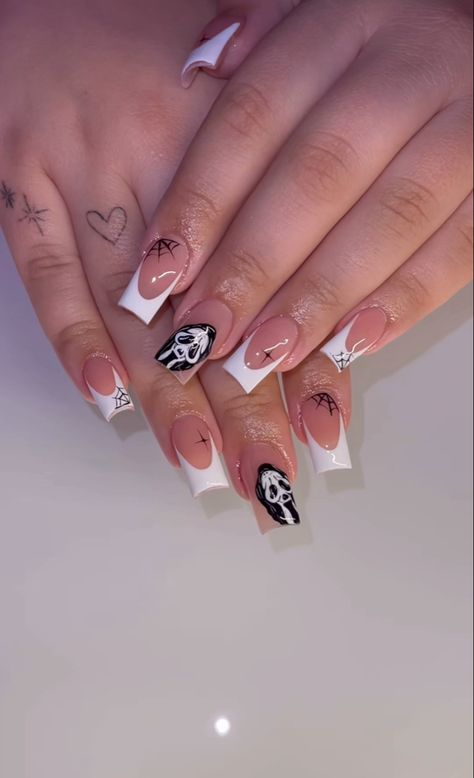 French Nails With Ghost, Black Halloween French Tip Nails, Halloween French Tip Nails, Halloween French Tip, Random Nails, October Books, Makeup Morphe, Accepting New Clients, Spooky Nails