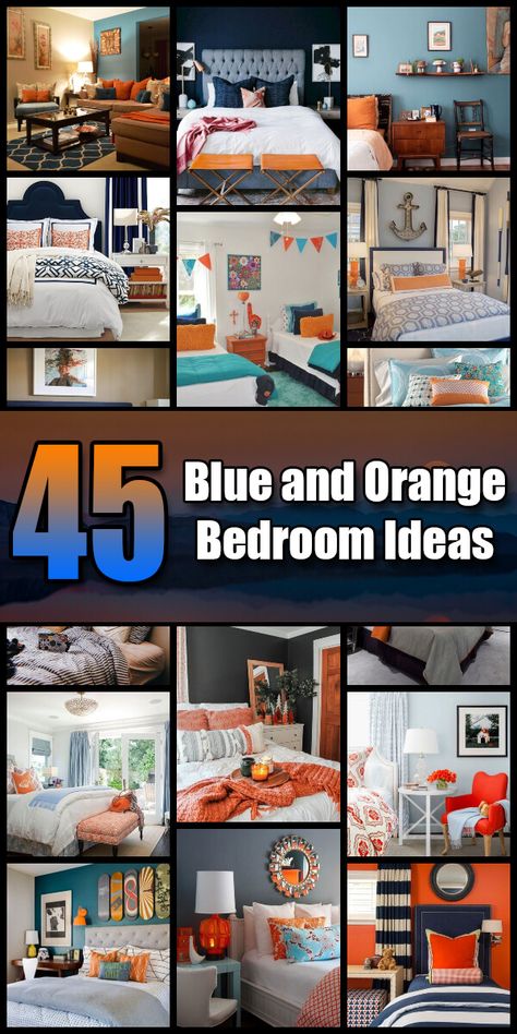 45 Blue and Orange Bedroom Ideas - Easy Home Concepts #bedroomdecor #bedroomideas Blue And Orange Room Bedroom, Navy And Burnt Orange Bedroom, Orange And Navy Bedroom, Navy Orange Bedroom, Navy Blue And Orange Bedroom, Navy And Orange Bedroom, Orange Accents Bedroom, Grey Orange Bedroom, Blue And Orange Bedroom Ideas