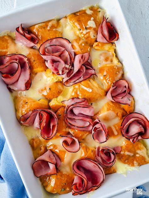 Ham Cheese Croissant Bake Croissant Ham Bake, Ham Croissant Bake, Ham Cheese Croissant Bake, Ham And Cheese Croissant Bake, Crossiant Breakfast Recipes, Croissant Breakfast Bake, Ham And Cheese Breakfast Casserole, Ham Cheese Croissant, Crescent Roll Bake