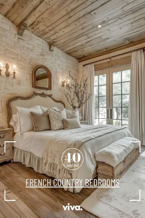 ♥ Looking to create a cozy and romantic atmosphere in your bedroom? Explore the charm of French Country Bedrooms with antique bedroom ideas and French farmhouse decor. Get inspired by French villa interior designs and bring a touch of French style to your own bedroom decor. 🏡🌿 #FrenchCountryDecor #BedroomInspiration #HomeDecor #FarmhouseStyle Master Bedrooms Antique, Antique French Country Bedroom, Black And White French Country Bedroom, Cottage Style Master Bed, French Door In Bedroom, French Villa Bedroom, Country Cottage Bedroom Farmhouse Style, Pottery Barn Master Bedrooms Decor, Country Vintage Bedroom