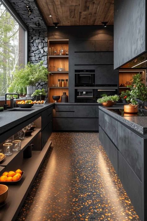 13 Black Granite Countertop Ideas That Will Change The Way You See Your Kitchen Forever! | DIY Vibes Black Bar Top Countertops, Black Barndo Interior, Modern Kitchen Design 2025, Black Kitchen Counter Tops, Black Honed Granite Countertops, Black Countertops Wood Cabinets, Kitchen With Black Countertops, Granite Countertop Ideas, Black Granite Countertops Kitchen