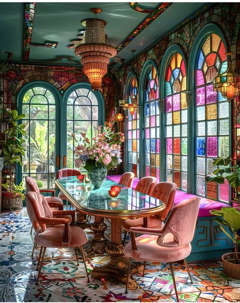 Whimsical Luxury, Stained Glass Interior Design, Whimsical Home, Home Design Floor Plans, Boho House, Beautiful Dining Rooms, Fantasy Homes, Dream House Rooms, Boho Chic Decor