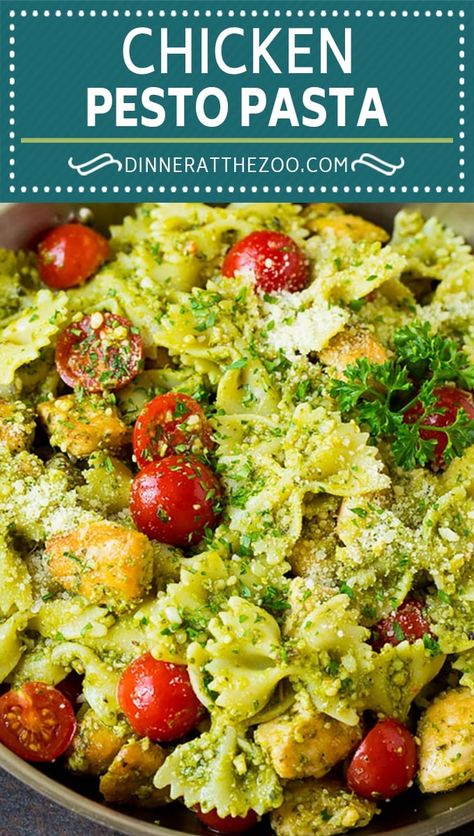 This chicken pesto pasta is sauteed chicken, farfalle pasta and cherry tomatoes, all tossed in basil pesto and finished off with parmesan cheese. Chicken Farfalle, Basil Pesto Chicken Pasta, Chicken Tomato Pasta, Farfalle Pasta Recipes, Pull Apart Sliders, Tomato Pesto Chicken, Pesto Pasta Recipes Chicken, Pesto Dishes, Chicken Pesto Pasta