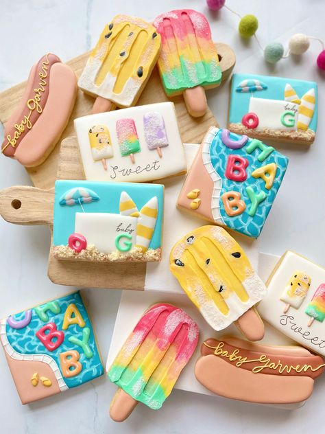 Popsicles, pool, pool floats, hot dogs, summer, baby shower, summertime, summer vibes Popsicle Theme Baby Shower Ideas, Summer Pool Baby Shower Ideas, Splish Splash Baby Shower Theme, Pool Themed Baby Shower Ideas, Popsicle Baby Shower Ideas, Baby Boy Summer Baby Shower Themes, Summer Baby Shower Cookies, Pool Party Baby Shower Ideas Boy, Ready To Pop Baby Shower Ideas Popsicle