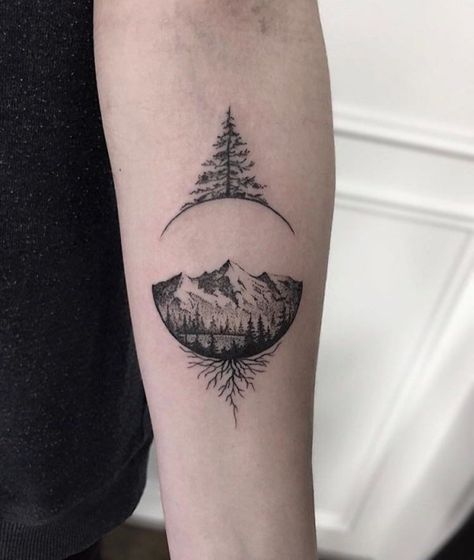 Best Mountain Tattoo Designs And Ideas Pine Tattoo, Landscape Tattoo, Forest Tattoos, Tree Tattoo Designs, Inspiration Tattoos, Tattoos Geometric, Cool Tattoos For Guys, Tiny Tattoo, Small Hand Tattoos