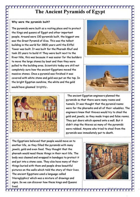 Ancient Egypt Worksheets, Egypt Worksheets, Egypt Lessons, Pyramids Of Egypt, 6th Grade Worksheets, Esl Reading, Pyramids Egypt, Ancient Pyramids, Reading Comprehension Lessons