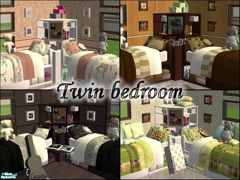 The Sims Resource - Twin bedroom superset Twins Bedroom, Sims 4 Game Mods, Brown Bed, Children's Bedrooms, Twin Bedroom, Brown Cushions, Pink Cushions, Green Cushions, Green Bedding