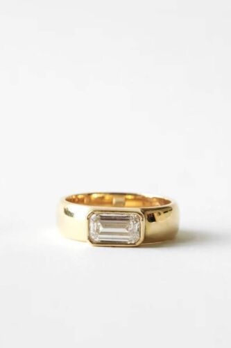 Wide Band Wedding Ring, Bezel Setting Ring, Emerald Cut Moissanite, Put A Ring On It, Gold Plated Rings, Classic Ring, East West, Love Ring, Rings For Her