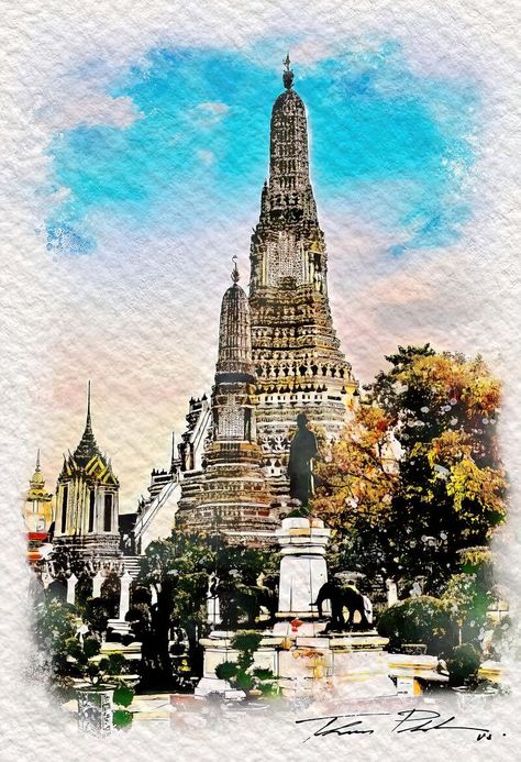 Wat Arun Temple, Temple Painting, Temple Drawing, Temple Thailand, Mixed Media Watercolor, Wat Arun, Long Painting, Tattoo Board, Thailand Art