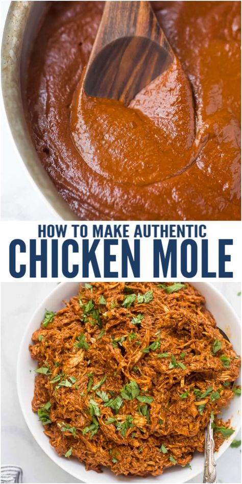 This Chicken Mole recipe is the ultimate combination of dried chili peppers, garlic, tomatoes, almonds, raisins, and Mexican chocolate for one epic bite. If you're looking for a chicken recipe that packs a punch of flavor this mole is it - use it in tacos, enchiladas, salads, etc. #molerecipe #authenticmole #chickenmole #easychickenrecipe #chickendinner #howtomakemole #fromscratch Mole Chicken Tacos, Instant Pot Chicken Mole Recipe, Mole Pepper Recipes, Mole Tacos Chicken, Slow Cooker Mole Chicken, Healthy Mole Recipe, Mole Paste Recipe, Chicken Mole Casserole, Mexican Pepper Recipes