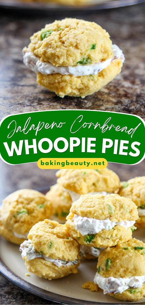 These Jalapeno Cornbread Whoopie Pies with Bacon Goat Cheese Filling are a delicious New Year appetizer recipe that the whole family will love! Add this recipe to your favorite New Year food ideas! Cornbread Appetizer, Jalapeno Cornbread Recipe, Bacon Goat Cheese, Gameday Food, Jalapeño Cornbread, Whoopie Pie Recipe, July Desserts, Yummy Dishes, Jalapeno Recipes