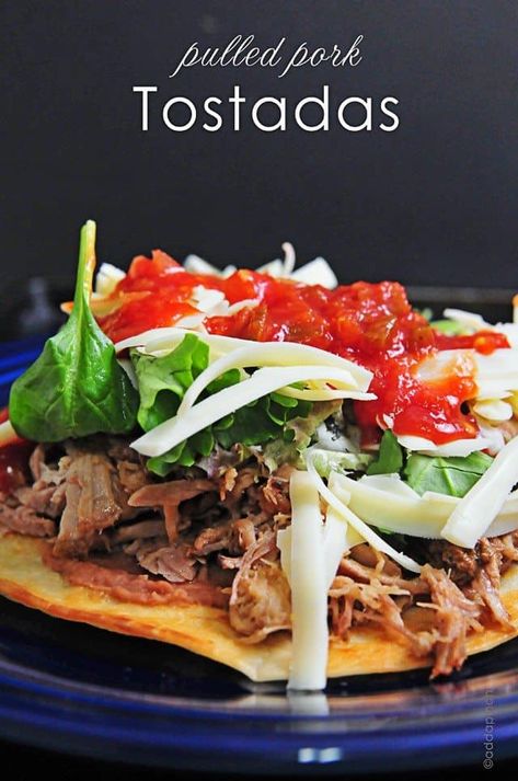 Pulled Pork Tostadas, Pork Tostadas, Friday Meals, Tostadas Recipe, Pork Dinners, Tostada Recipes, Frijoles Refritos, Taco Shop, Pork Dinner