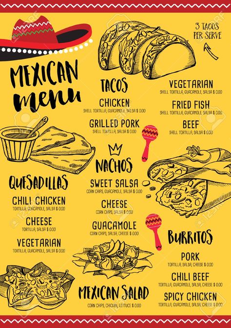 Mexican Food Menu, Creative Dinner, Tacos Menu, Sweet Salsa, Mexican Restaurant Design, Menu Design Layout, Food Truck Menu, Mexican Menu, Menu Layout