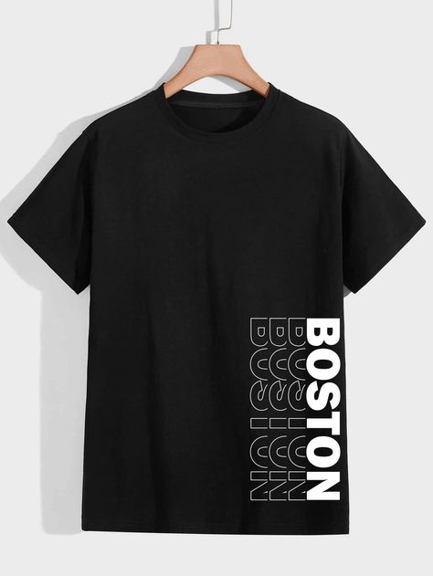 Black Casual  Short Sleeve Polyester Letter  Embellished Slight Stretch  Men Tops Men's Tshirt Design, Streetwear Tshirt Design, T-shirt Print Design, Cool Shirt Designs, Shirt Logo Design, Minimalist Shirts, Tshirt Printing Design, Trendy Shirt Designs, T Shirt Painting