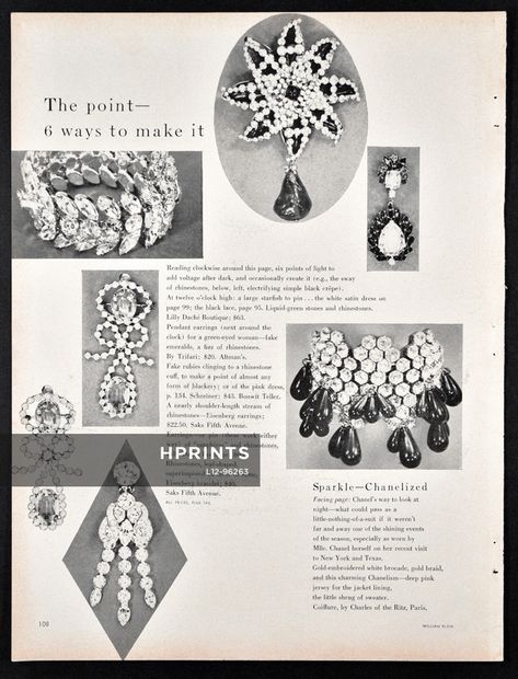 Rhinestones 1957 Trifari, Schreiner, Eisenberg, Lilly Daché Jewelry Advertisement, Jewelry Advertising, Ad Jewellery, Jewellery Advertising, White Satin Dress, Trifari Jewelry, Jewelry Ads, Jewelry Catalog, After Dark