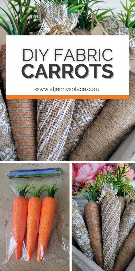 For this Easter make this super simple DIY burlap and twine wrapped carrots. These fabric wrapped carrots are a total Michael dupe. These cute carrots truly make the perfect Easter decoration. Diy Carrots For Easter, Easter Egg Wreath Diy, Carrot Decor, Spring Flower Decor, Carrot Craft, Fabric Carrots, Country Easter, Twine Diy, Diy Spring Crafts