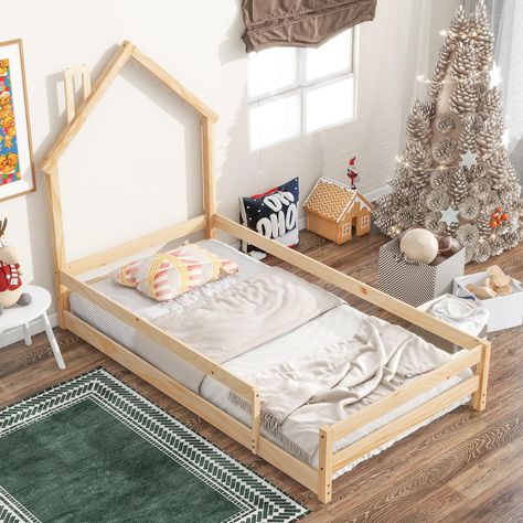 PRICES MAY VARY. 🌞 [House-Style Headboard] The house-style headboard of montessori bed features the house-roof frame structure to make feel at home. This intelligent design adds to a jolly good idea of the imagination and exploring. Size: 79.5"x44.8"x57.2", Bed Weight Capacity: 200 lbs 🌞 [Bed Platform with Guardrails Design] The twin floor bed platform with full-length guardrails not only provides better fun and joy, but also reduce any concerns about the safety. The guardrails around the bed Twin Floor Bed, Twin House Bed, Floor Bed Frame, House Frame Bed, Pine Beds, Solid Wood Platform Bed, Twin Bed Frame, Solid Wood Bed, Floor Bed