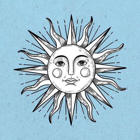 Sun with a face outline sticker overlay design resource | premium image by rawpixel.com / Noon Sun Vintage Illustration, Sun With A Face, Sun With Face, Sticker Overlay, Black And Blue Background, Two Suns, Images Of Sun, Sun Drawing, Blue Collage