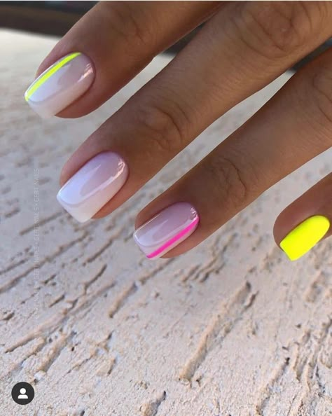 Neon Geometric Nails, Trendy Summer Nails 2024 Square, White And Neon Nails, Summer Classy Nails, Unghie Sfumate, November Nails, Colorful Nails, Short Square Acrylic Nails, Cute Gel Nails