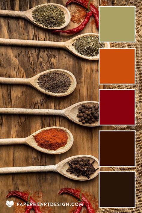 SPICE BY THE SPOONFUL Those earth tones are an awesome combo. HEX CODES: #291308 #3c1100 #88000c #ce4f0a #aaa264 Earth Tones Kitchen, Earth Colour Palette, Earth Tone Color Palette, African Colors, Illustration Nature, Earth Tone Color, Red Colour Palette, Spice Cabinet, Color Schemes Colour Palettes