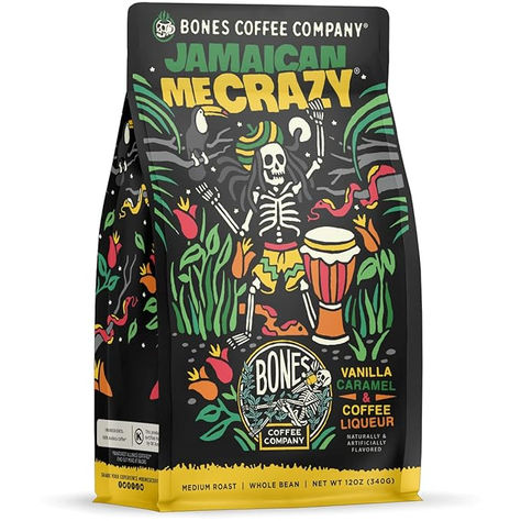 Jamaican me crazy; Get transported to a tropical oasis with our flavored coffee beans; this medium roast arabica coffee beans and coffee grounds with the flavors of vanilla, caramel, and coffee liqueur. Bones Coffee, Low Acid Coffee, Coffee Review, Coffee Liqueur, Arabica Coffee Beans, Vanilla Caramel, Flavored Coffee, Ground Coffee Beans, Medium Roast Coffee