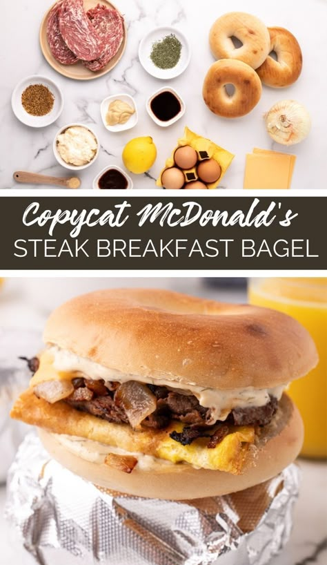 Try making my Copycat McDonald's Steak Breakfast Bagel at home! Packed with all your McDonald's breakfast favorite flavors! Steak Bagel, Breakfast Bagel Recipe, Mcdonald's Breakfast, Breakfast Lasagna, Steak Breakfast, Southern Comfort Recipes, Bagel Breakfast Sandwich, Bagel Toppings, Mcdonalds Breakfast