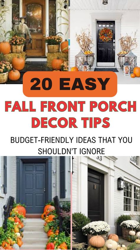 Transform your home with these 20 beautiful outdoor fall front porch decor ideas to welcome autumn! From cozy color palettes, pumpkins, mums, planters, wreath, cart, candles, lanterns  these stunning fall porch decorations will create a warm and inviting entrance. Perfect for adding seasonal charm and curb appeal, these ideas are a must-see for anyone looking to embrace the beauty of fall. Click to explore the best fall front porch decor ideas for a welcoming autumn vibe! Fall Porch Decor No Steps, Fall Outdoor Entrance Decor Ideas, Narrow Porch Fall Decor, Outdoor Fall Decorations Diy Front Yards, Autumn Porch Decor Front Entry, Outdoor Fall Porch Decor Ideas, Fall Porch Decorating Ideas Front Doors, Fall Front Door Decor Entrance, Fall Planters Front Porches