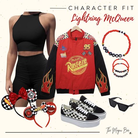 Lighting Mcqueen Disneybound, Cars Disneyland Outfit, Disney Cars Inspired Outfits, Pixar Bound Outfits, Pixar Disney Outfits, Pixar Inspired Outfits, Lightning Mcqueen Disneybound, Disney Character Themed Outfits, Disney Character Costumes For Women