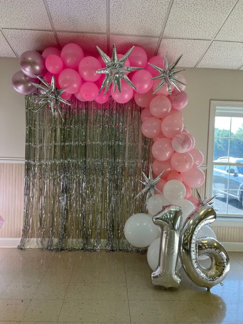 Pink silver balloon arch Hot Pink And Silver Birthday Party, Pink Sliver White Party, Pink White And Silver Sweet 16 Decorations, Pink And Silver Birthday Party Sweet 16, Hot Pink And Silver Disco Party, 16 Shades Of Pink Party, 13 Shades Of Pink Party, Pink Black And Silver Sweet 16, Pink Balloon Arch