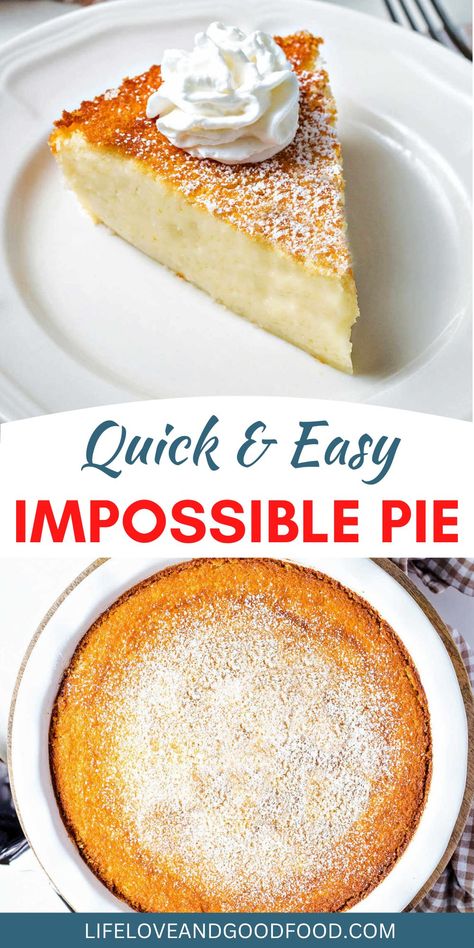 Impossible Pie is creamy and light with sweet, shredded coconut and a crispy magical crust. It may seem impossible, but this pie literally makes its own crust as it bakes. So, if you like coconut, you’ll definitely enjoy this easy pie! Magic Custard Impossible Pie, Coconut Impossible Pie Recipe, Lemon Impossible Pie Recipe, Apple Impossible Pie, Magic Pie Recipe, Crazy Crust Pie Recipe, Impossible Pie Recipes Desserts, Crustless Pie Recipes, Impossible Apple Pie