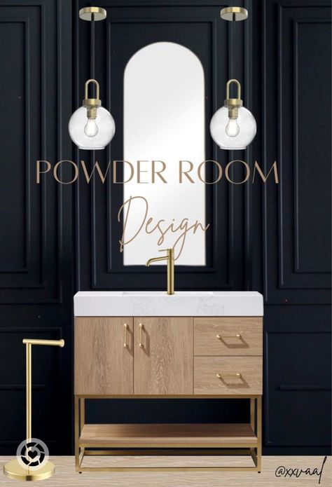 Black And Blue Powder Room, Black Cabinets Powder Room, Statement Half Bathroom Ideas, All Tile Powder Room, Dark Powder Bathroom Ideas, Dark Wall Powder Room, High End Half Bathroom, Moody Modern Powder Room, Black Vanity Powder Room Ideas